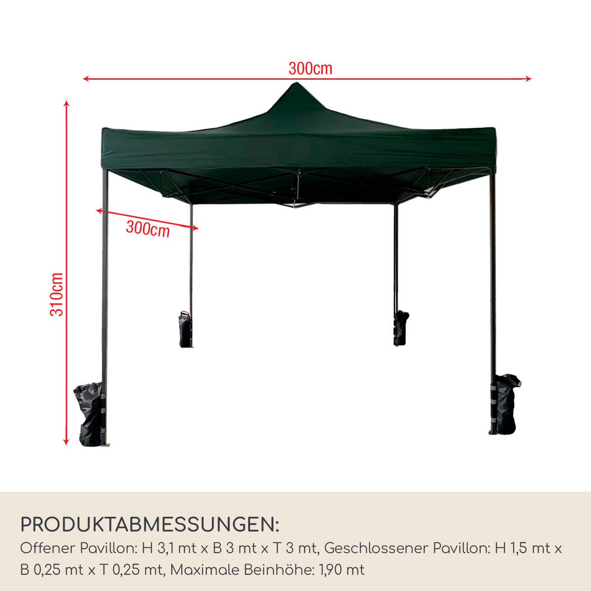 FALTPAVILLON Grün 300/300/310 cm - Grün, Metall (300/310/300cm) - Mobili Rebecca