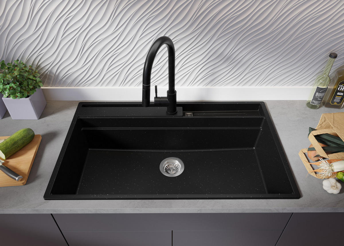 SPÜLBECKEN Oslo Pocket, 2-er set Schwarz Metallic 88/53 cm 1 Becken + Ablauf-Set + Küchenzubehörset ab 90er Unterschrank - Chromfarben/Schwarz Hochglanz, Kunststoff (88/20/53cm) - Primagran