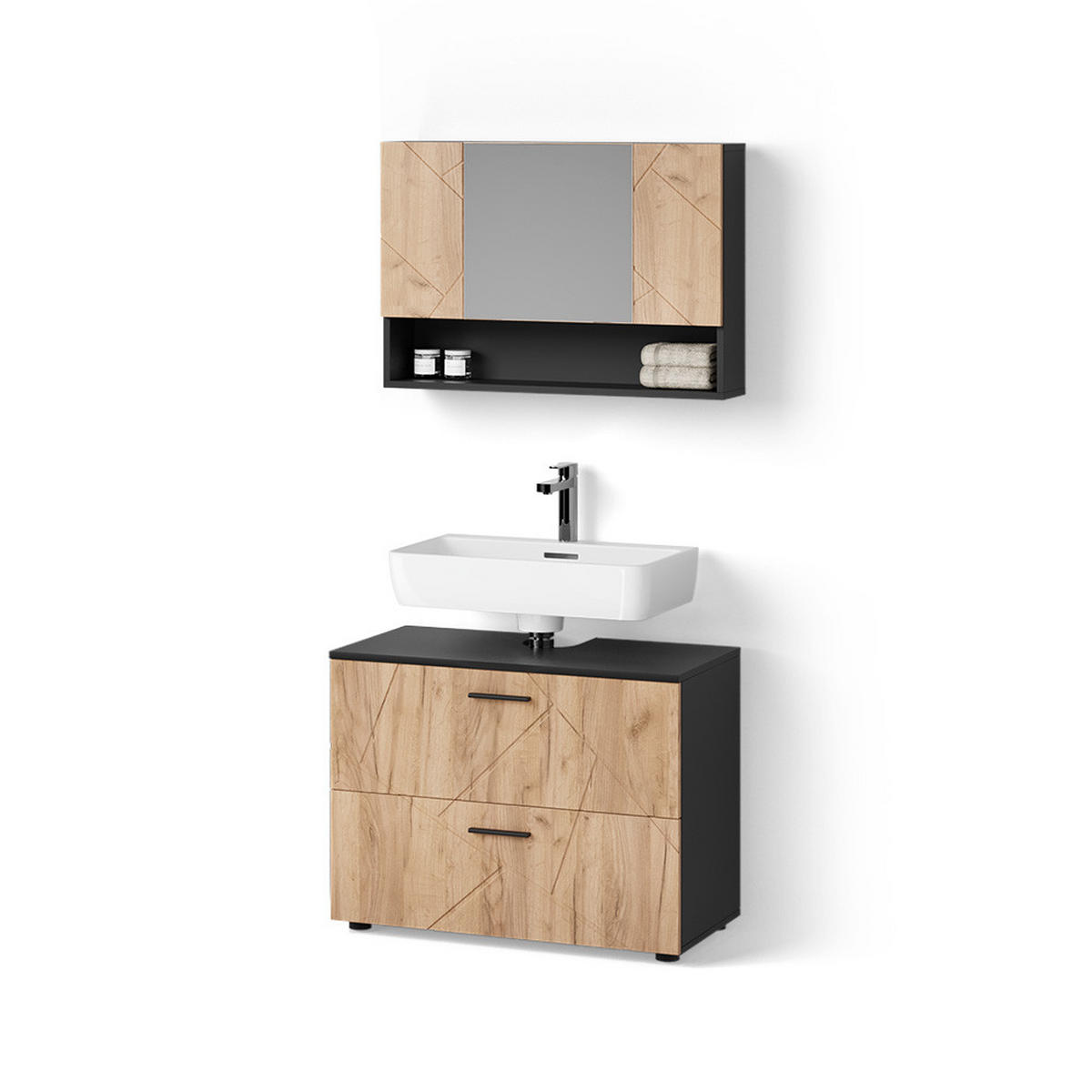 BADMÖBEL-SET Ronco Goldkraft Eiche/Anthrazit 2 Teile, Unterschrank 80 cm - Honigeiche/Anthrazit, Holzwerkstoff (41/80/58cm) - Livinity®