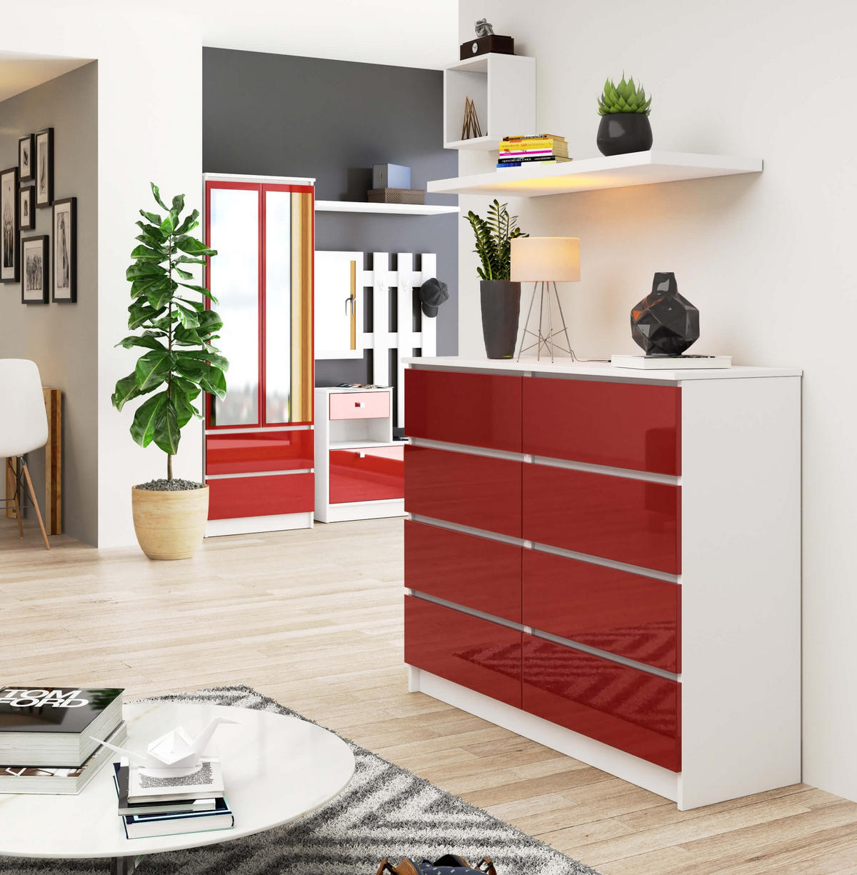 KOMMODE Weiß, Rot Glanz 99/120/40 - Weiß, Holzwerkstoff (120/99/40cm) - RAUMHIRSCH FURNITURE