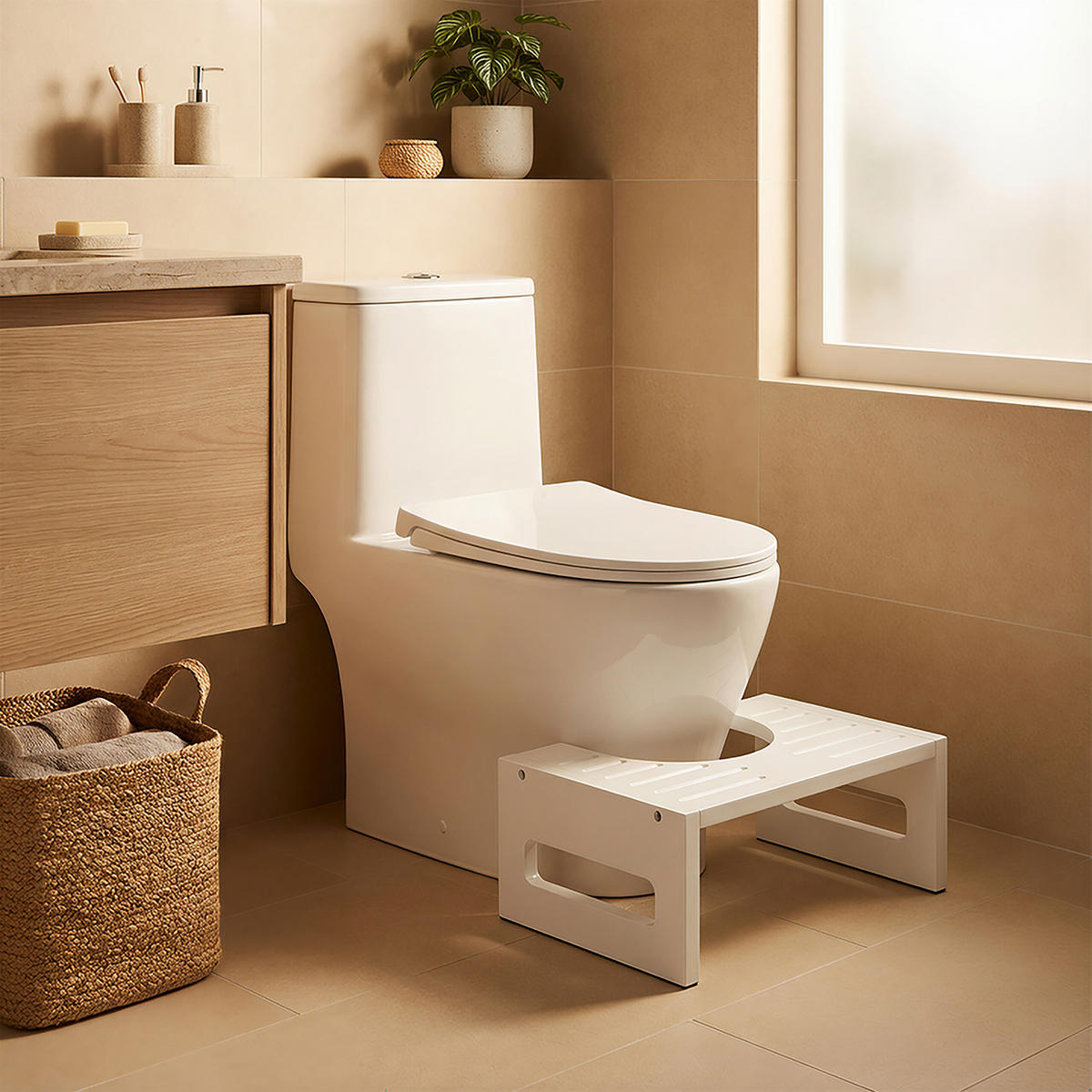 STOLEC za wc - bela, tekstil/les (43.5/18.5/43.5cm) - Relaxdays