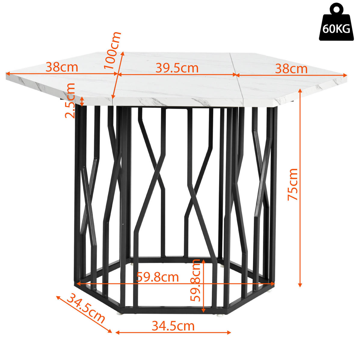 COUCHTISCH 115,5/100 cm sechseckig mit Marmor-Design und schwarzem Metallrahmen - Schwarz, Holzwerkstoff (115.5/100/75cm) - OKWISH