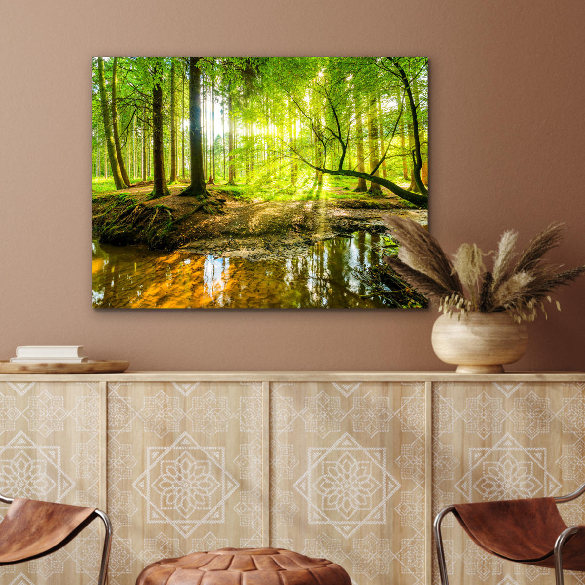 METALLBILD Wald - Landschaft - Wasser - Bäume - Sonne - Grün - Natur 80x60 cm - Grün, Metall (80/60cm) - MuchoWow