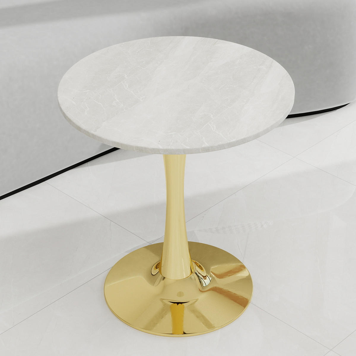COUCHTISCH in Weiß und Gold Wohnzimmertisch mit einer runden Marmor-Tischplatte für Wohnzimmer, B70/T70/H72 cm - Goldfarben/Weiß, Stein/Metall (70/70/72cm) - STILVORA