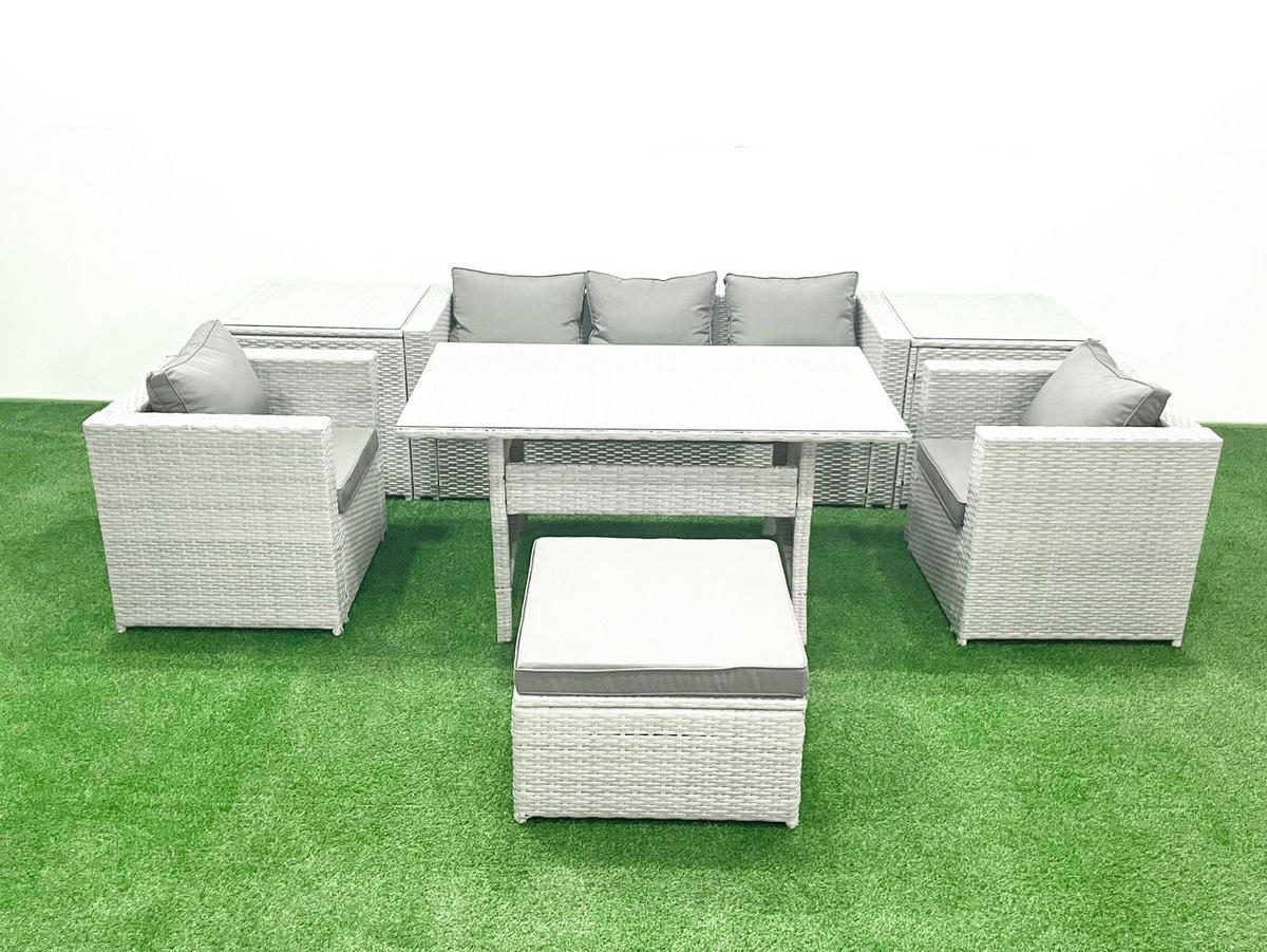 GARTENMÖBEL SET mit Sofa,2 Beistelltischen Polyrattan Hellgrau 6-Sitzer - Hellgrau/Grau, Glas/Kunststoff - Fimous