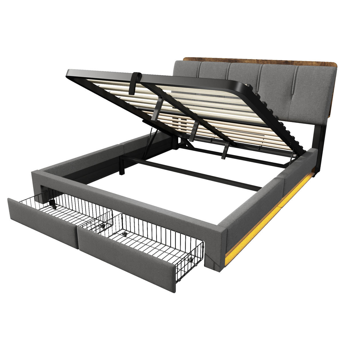 POLSTERBETT 140/200 cm mit LED, USB-C, Bettkasten und Schubladen, Leinen, Grau - Grau, Textil (140/200cm) - Redom