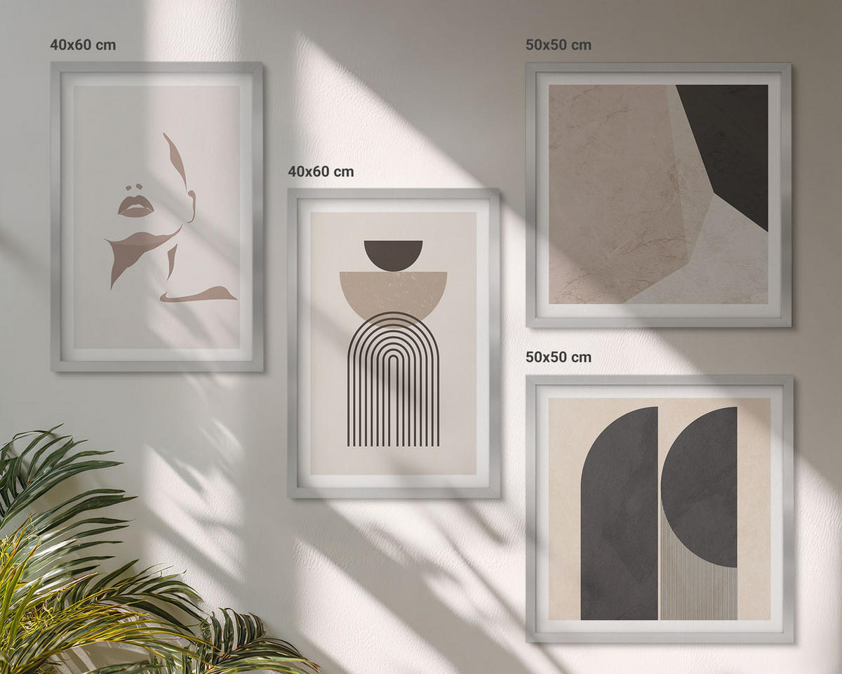 WANDBILDER 4er Set - 50x50 cm & 40x60 cm Silberner Rahmen - Abstrakte weiß-braune Muster - Silberfarben, Kunststoff (50/50cm) - ArtPrintCave