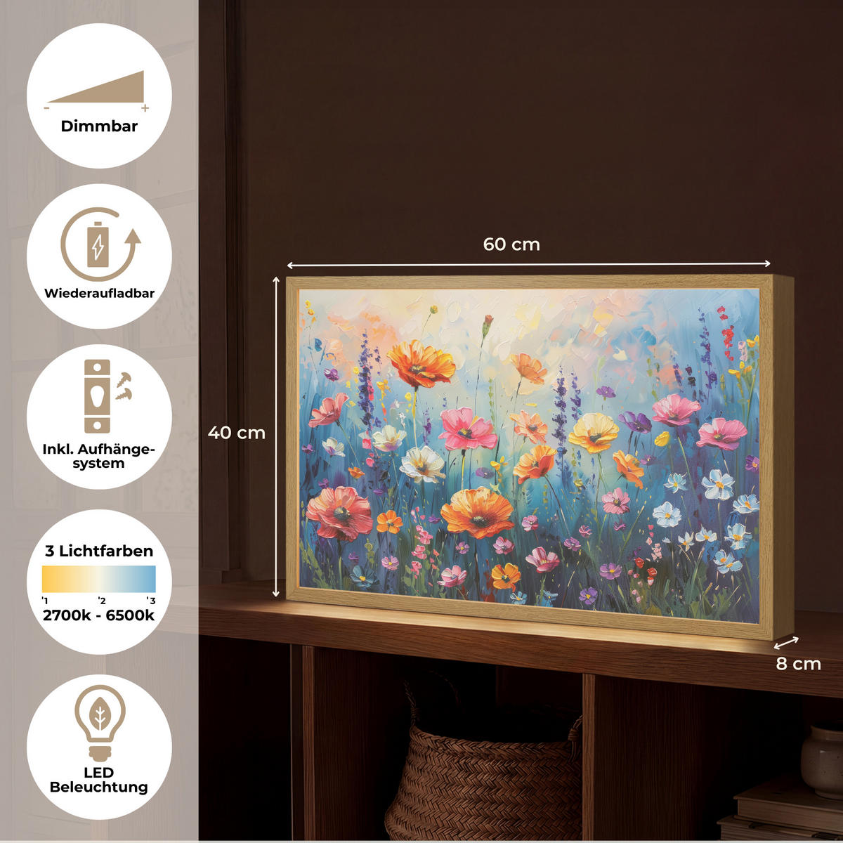 NÁSTĚNNÁ LAMPA S AKUMULÁTOREM Květiny - Příroda - Akvarel - Umění 60x40 cm - různobarevná, kompozitní dřevo (60/40/8cm) - OnlyWow
