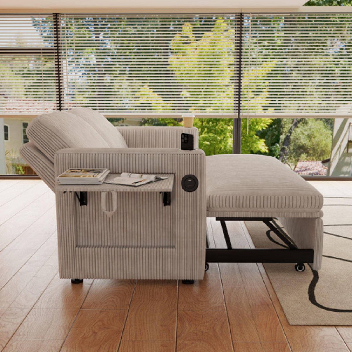 2-SITZER SCHLAFSOFA Cord Weiß mit Bettfunktion - Beige, Textil (145/85.5/132cm) - WISHDOR