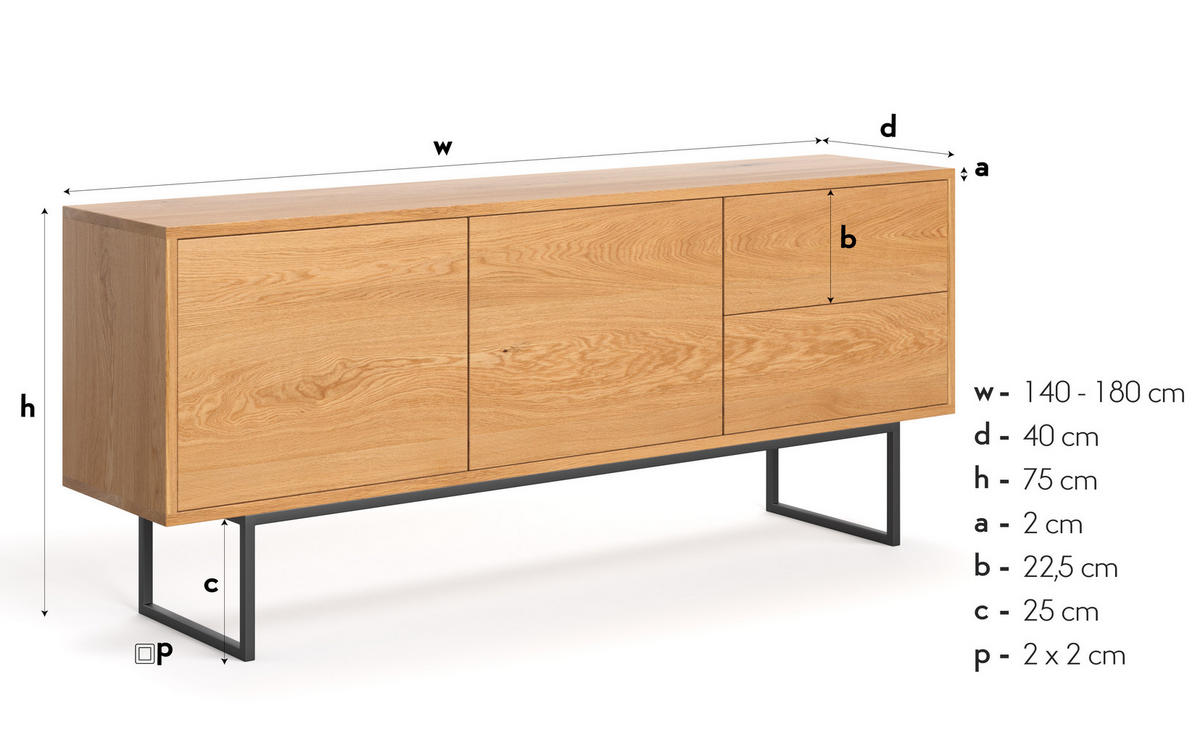 SIDEBOARD Rekker aus massivem Eichenholz 180 cm - Eichefarben/Naturfarben, Holz (180/75/40cm) - Danzz