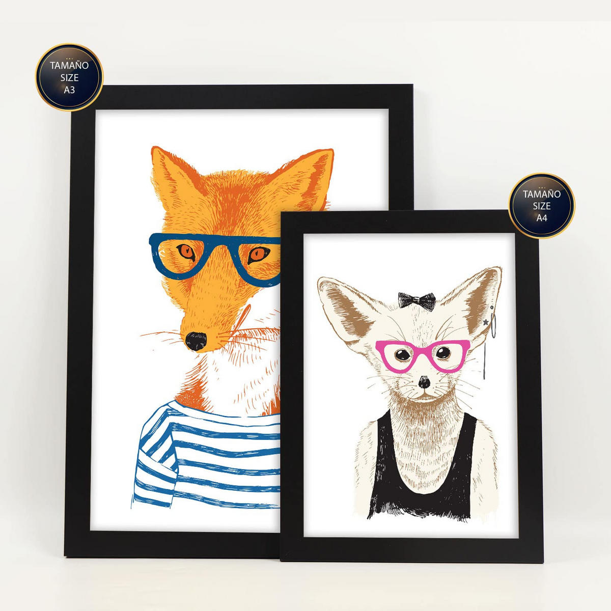 POSTER Set Mit 6 Tiere 2 Größe A3 & A4 Schwarzer Rahmen - Schwarz, Papier (29.7/1cm) - Nacnic