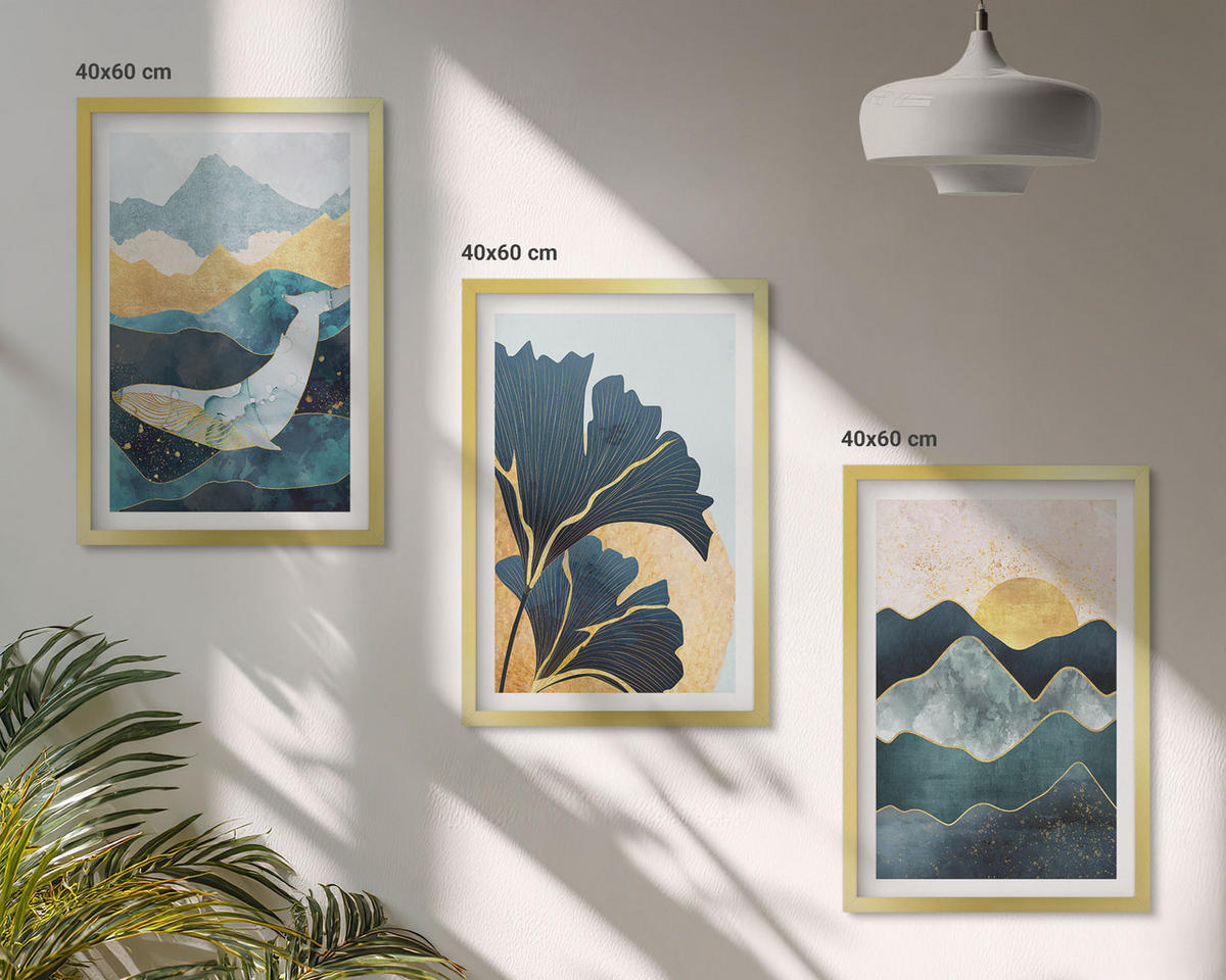 BILDER SET 3er Set - 40x60 cm Goldrahmen - Abstrakte Bergansichten - Goldfarben, Kunststoff (40/60cm) - TULUP