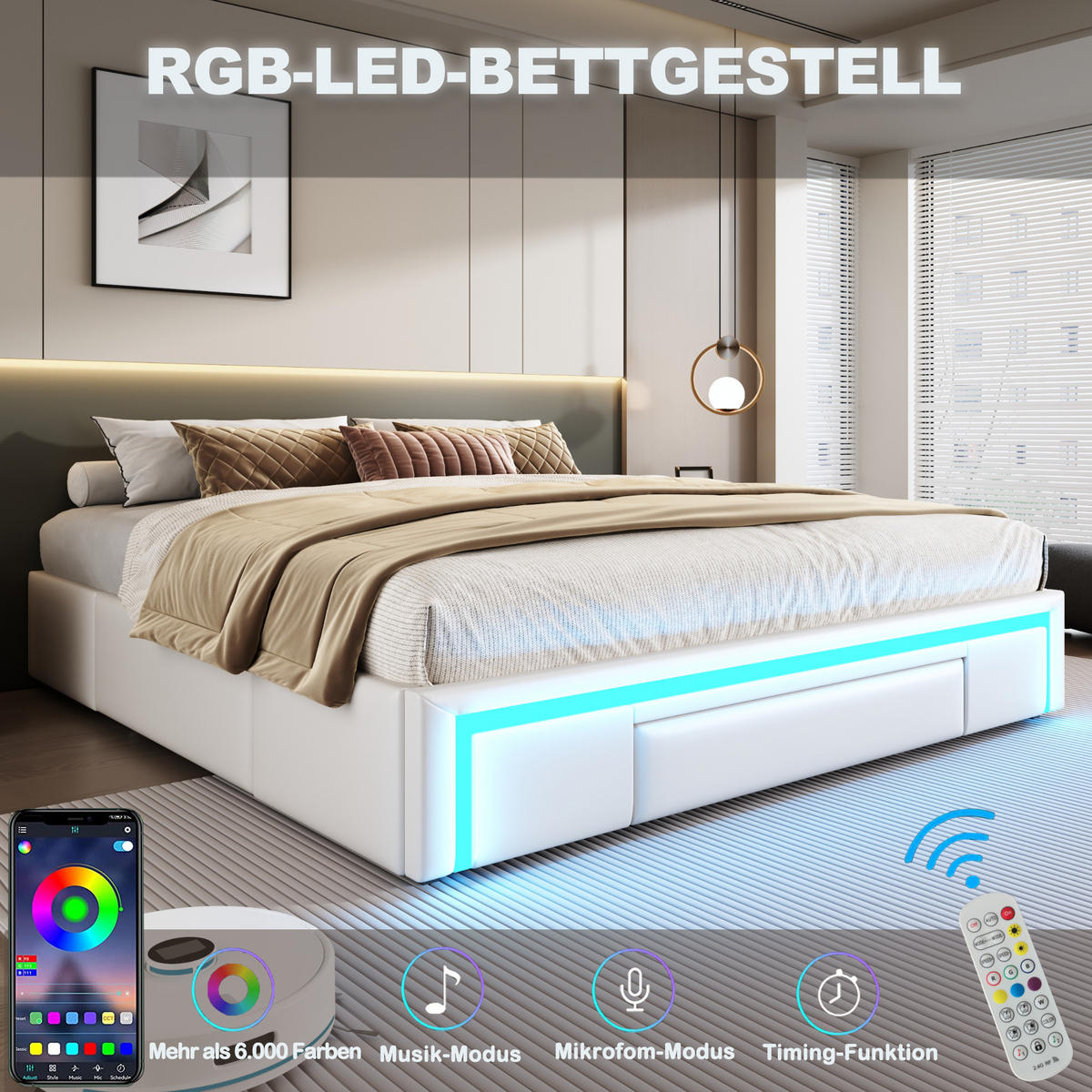 POLSTERBETT 90/200 cm mit Schubladen, LED-Lichtleiste und Metallrahmen, Weiß - Weiß, Textil (90/200cm) - Redom