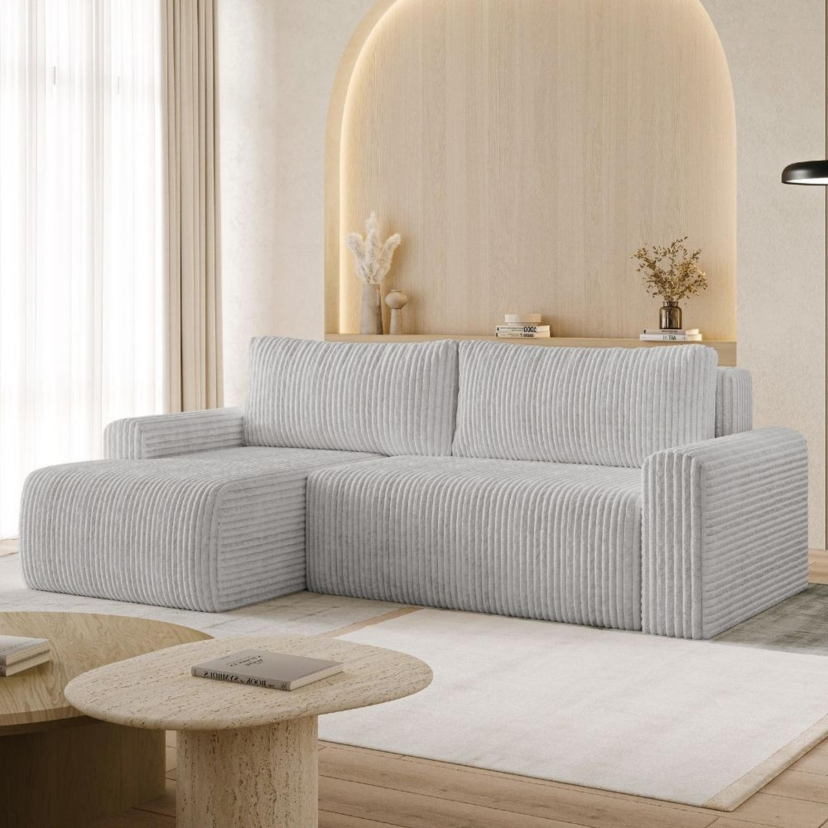 ECKSOFA MILO SMALL mit Schlaffunktion und Bettkasten, Links - TILIA 86 - Grau, Holz (240/142cm) - Dekori_Interiors