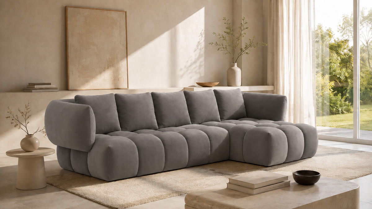 ECKSOFA L-Form, Veloursstoff Bluvel, Aschgrau, Rechts, SEVIO L - Grau, Holz (242/175cm) - Kaiser Möbel