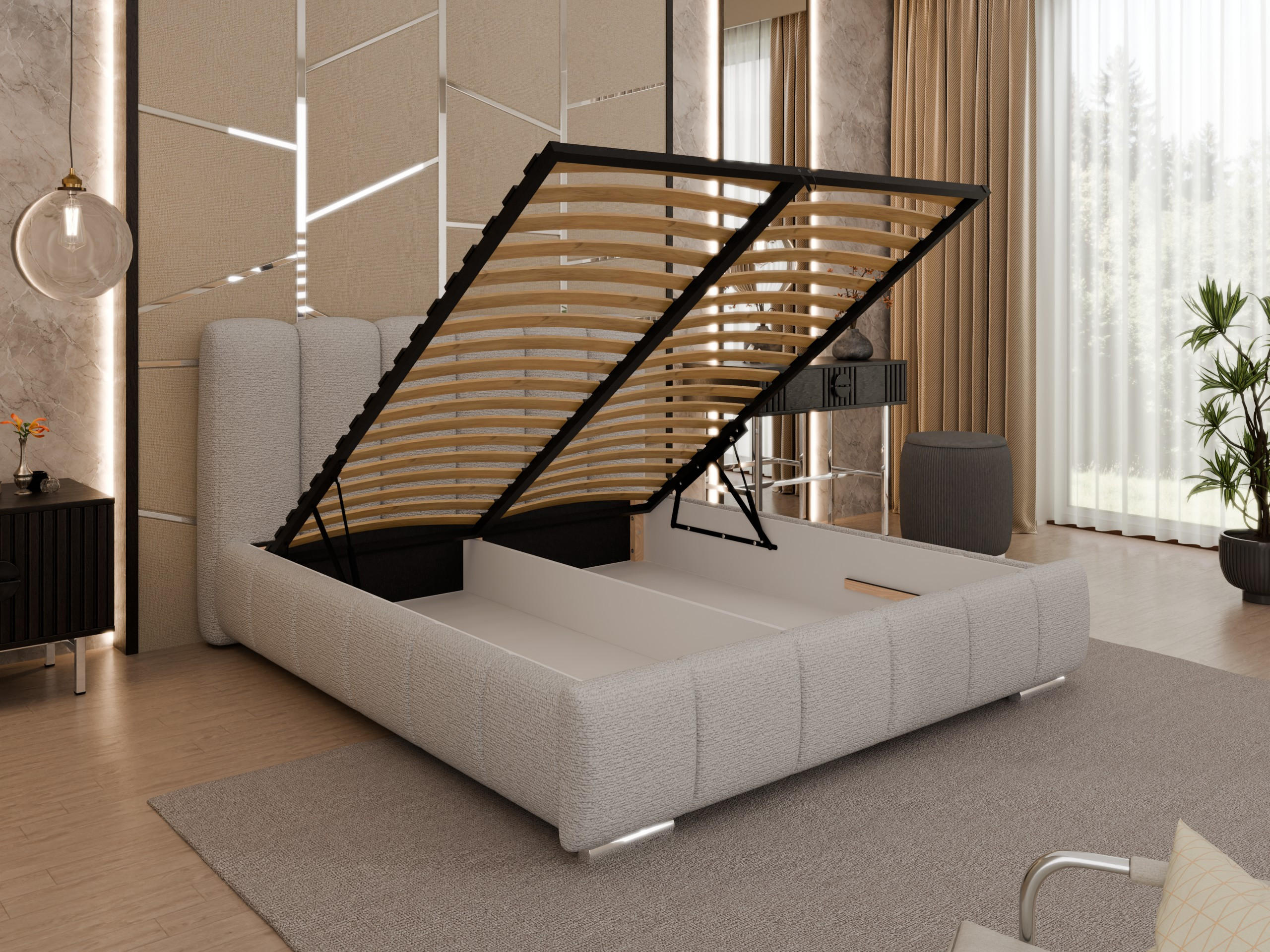 POLSTERBETT ZAIRA 160 x 200 cm mit Bettkasten und Lattenrost, 7-Zonen-Taschenfederkernmatratze CIRA (24 cm) – Dunkelbeige - Beige, Holz (140/200cm) - Panda Möbel