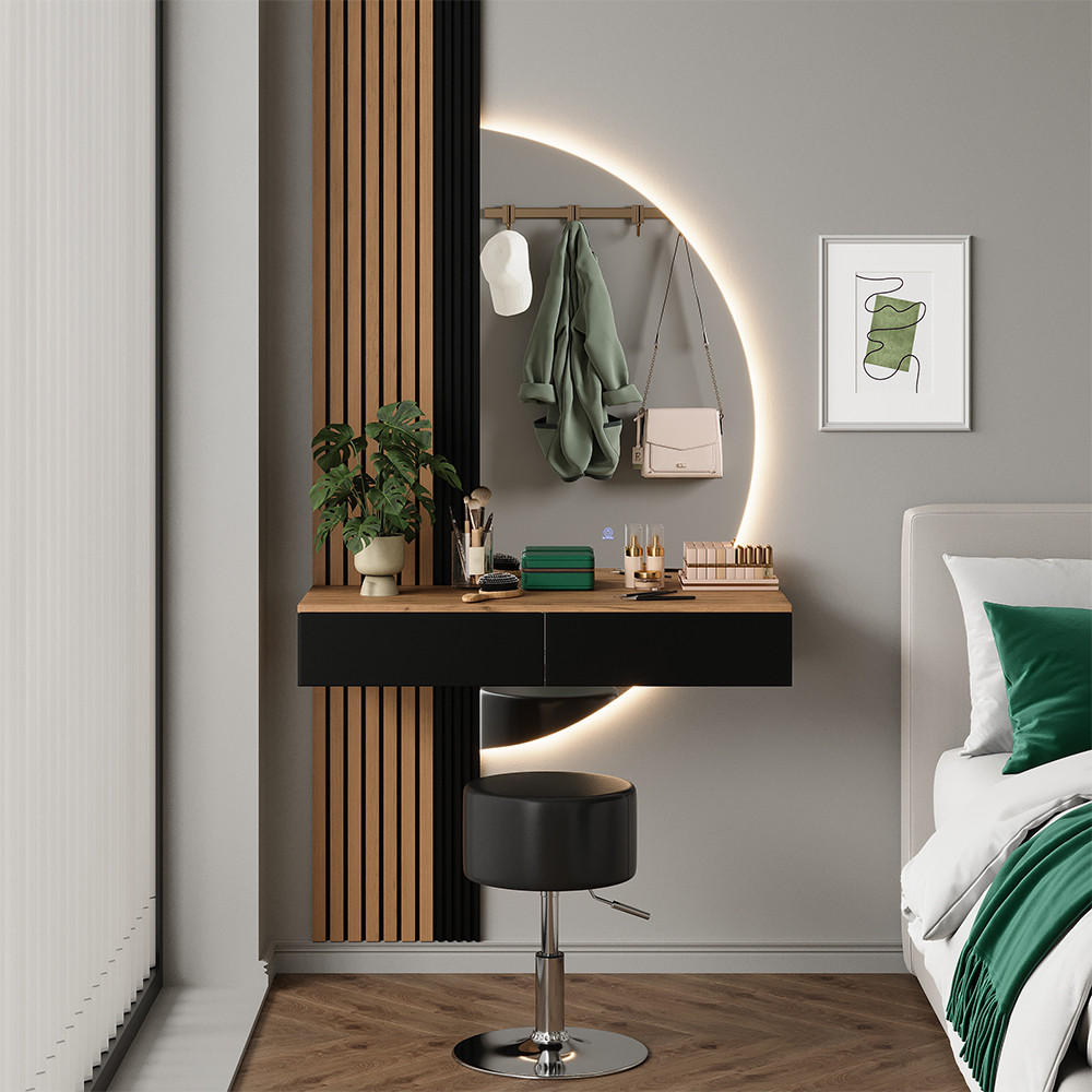 Vicco TOALETNÍ STOLEK Melina, Dub/Černá, 100 cm se zrcadlem LED a stoličkou