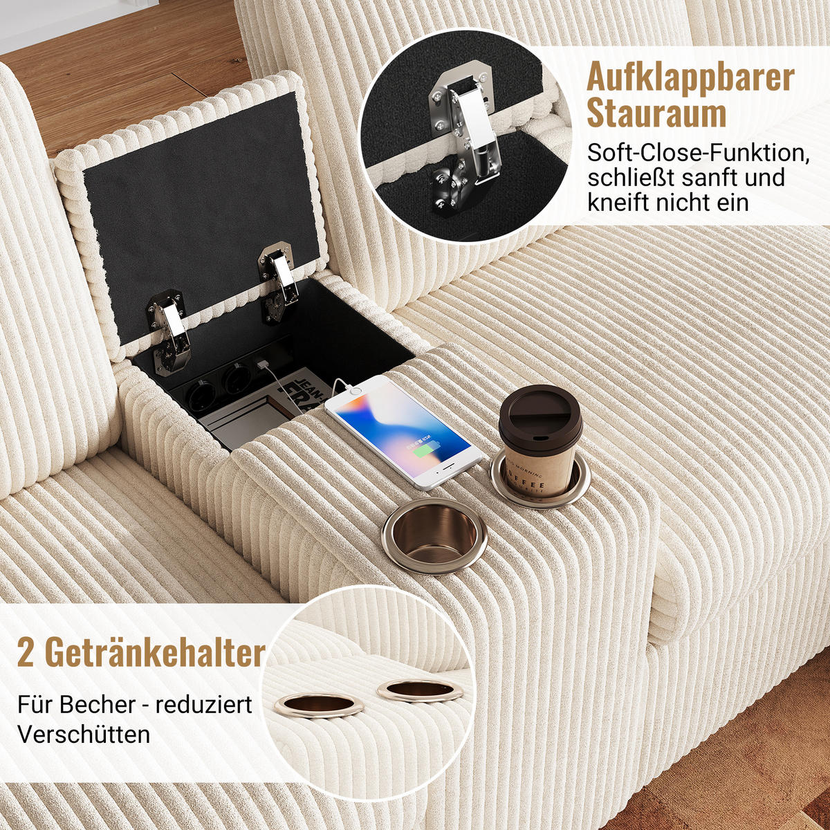 ECKSOFA 315/135/81 cm Beige mit 2 Fußhocker mit Stauraum und 1 Couchtisch - Beige, Textil (315/135cm) - Oxeza