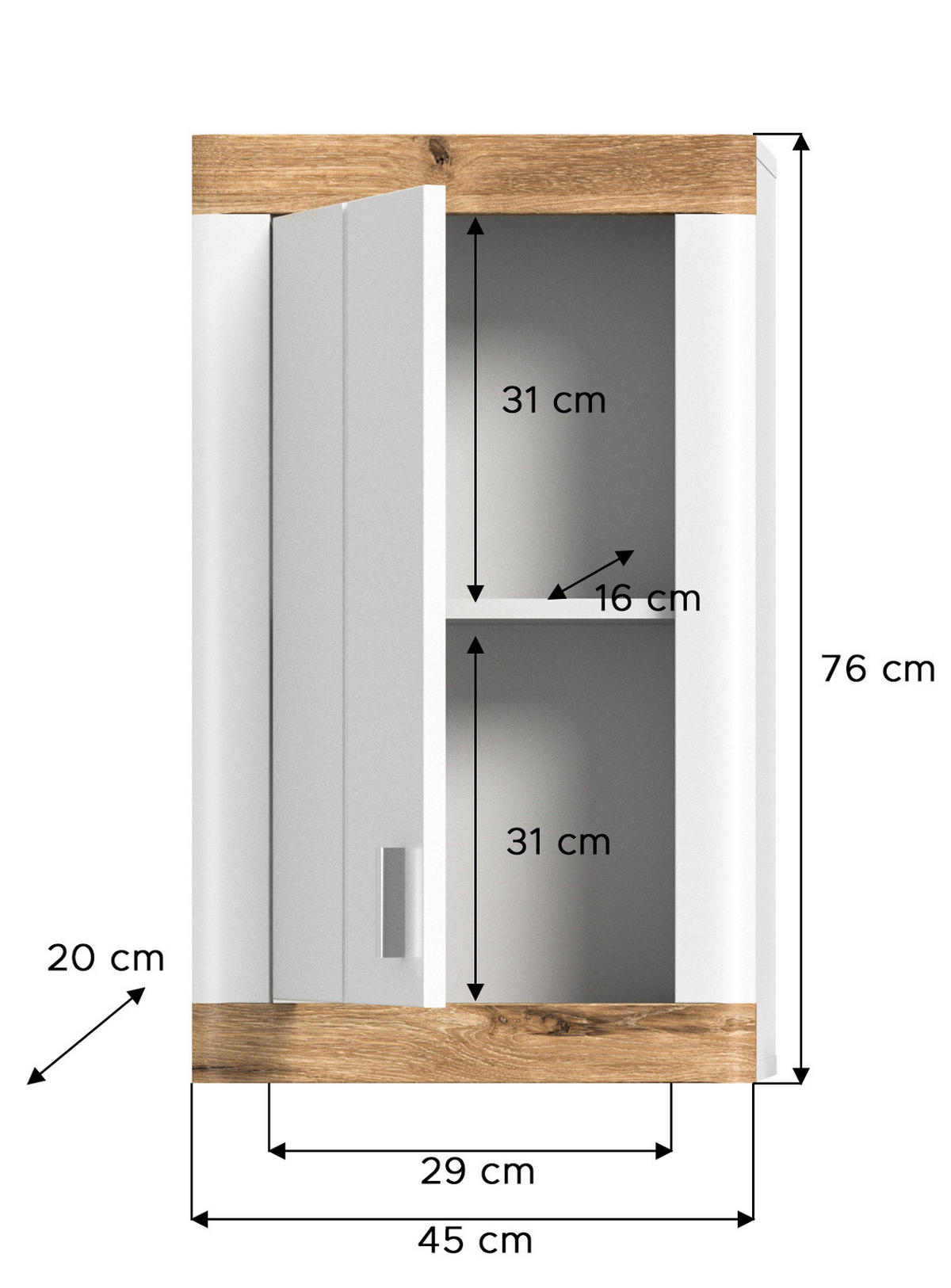 HÄNGESCHRANK weiß, Eiche 45 cm, Badschrank mit Soft-Close - Eichefarben/Silberfarben, Holzwerkstoff/Kunststoff (45/76/20cm) - Inn.Furn