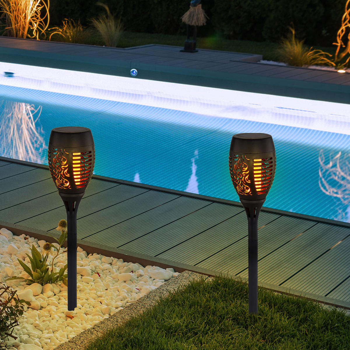 LED AUSSENLEUCHTE Schwarz Feuereffekt 2er Set - Schwarz, Kunststoff (9.5/9.5/50cm)