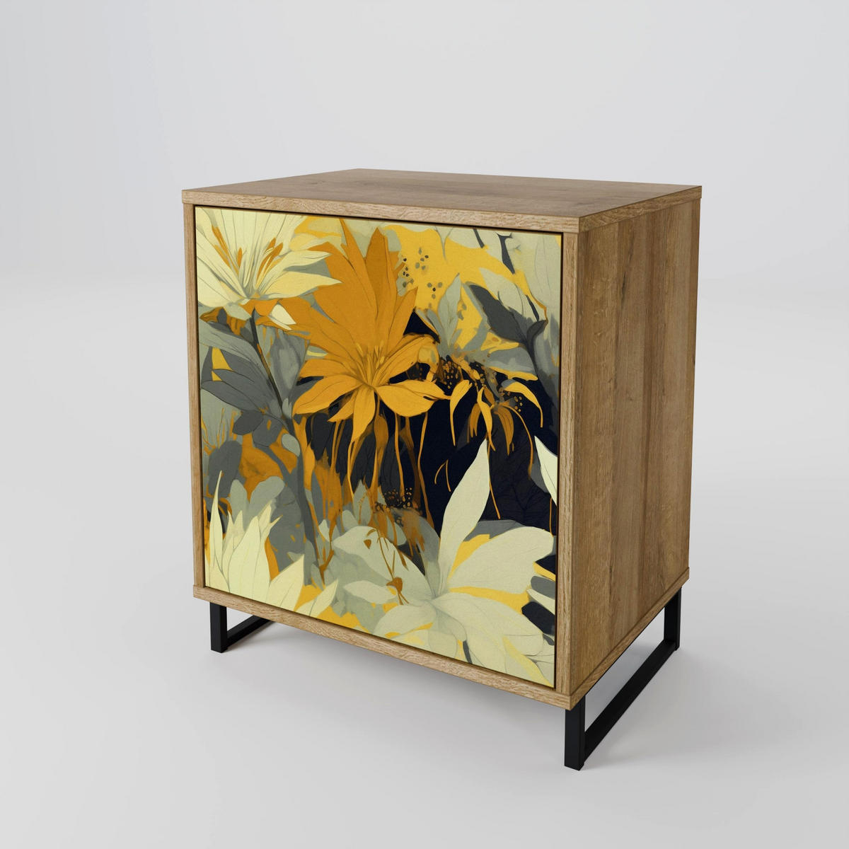 SIDEBOARD SUNKISSED LILY, Eichefarben, 57,5x42x70,5 cm, Schwarze Metall-Sternfüße - Eichefarben/Multicolor, Holzwerkstoff/Metall (57.5/70.5/42cm) - SpaceRebels