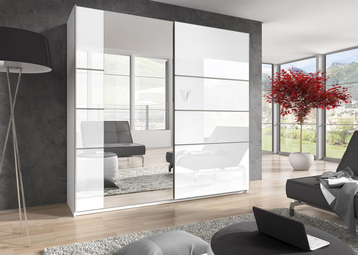 SCHWEBETÜRENSCHRANK Beta weiß / weiß Hochglanz 200 / 61 / 210cm - Weiß Hochglanz/Weiß, Holzwerkstoff/Metall (200/210/61cm) - Feldmann-Wohnen