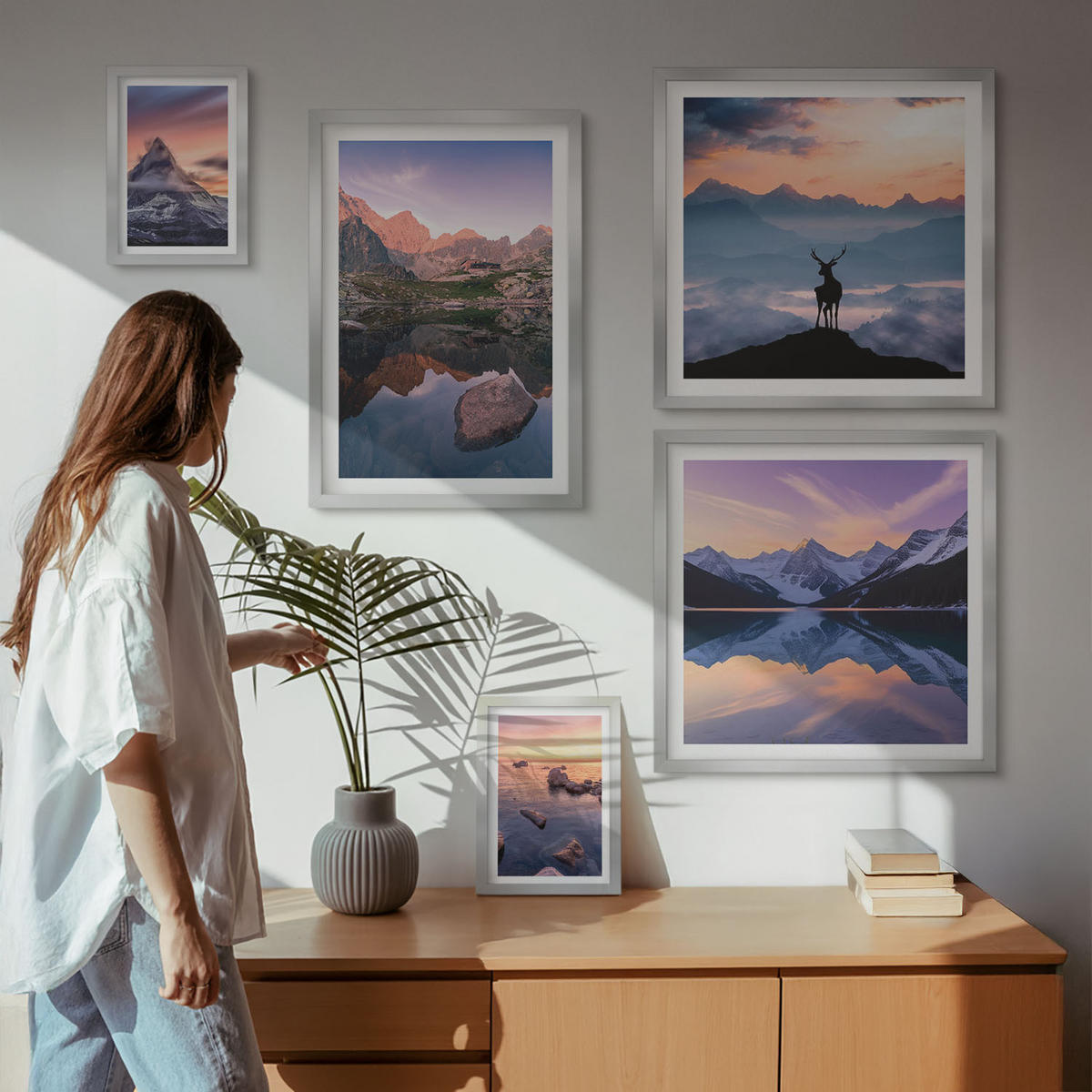 BILDER SET 5er Set - 50x50 cm & 20x30 cm & 40x60 cm Silberner Rahmen - Landschaften Berge Seen jelen - Silberfarben, Kunststoff (40/60cm) - TULUP