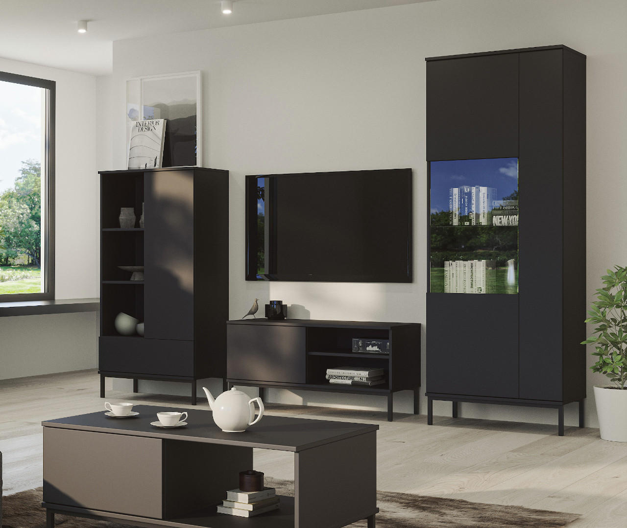 LOWBOARD Queba 2T Schwarz 150/50/41 cm – schwarzer TV Schrank breit - Schwarz, Holzwerkstoff (150/50/41cm) - AX Living