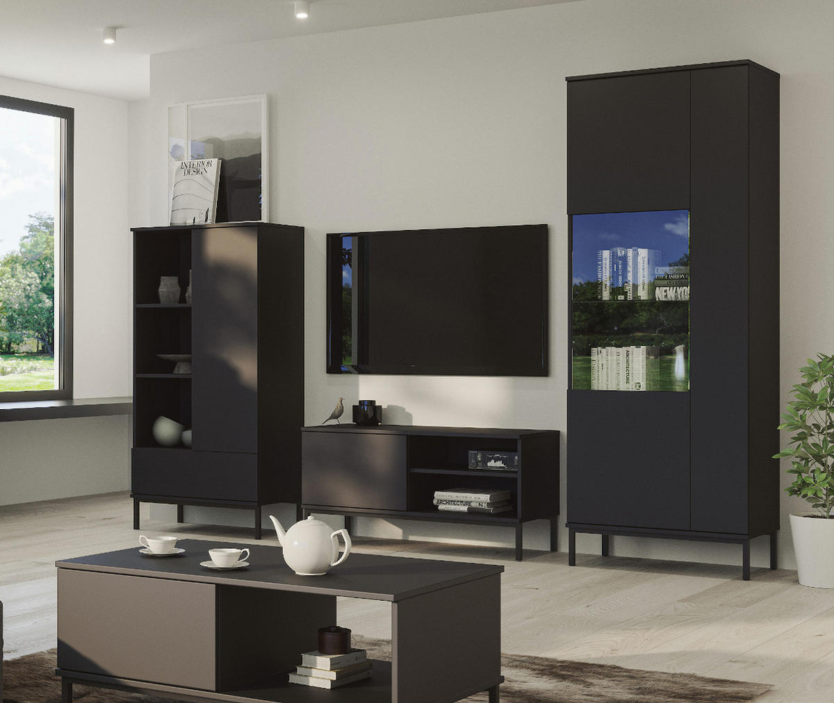 VITRINE Queba 2T Schwarz 70/190/41 cm – schwarze Standvitrine modern - Schwarz, Holzwerkstoff (70/190/41cm) - AX Living