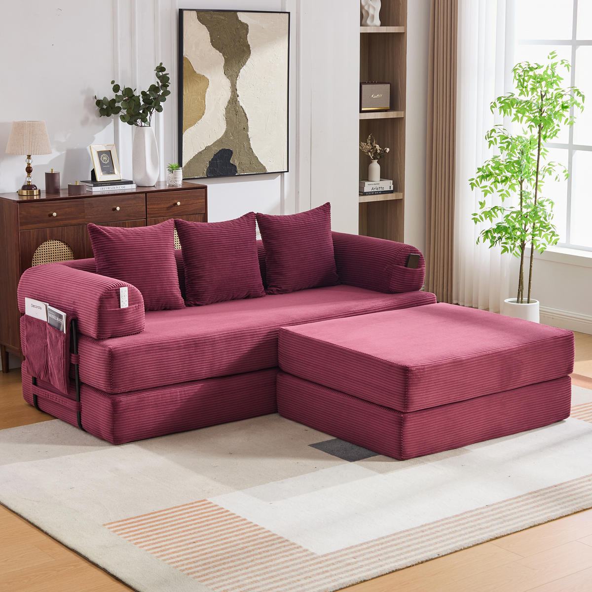 ECKSOFA Cord Weinrot mit Hocker und Kissen - Weinrot, Textil/Metall (218/285cm) - WISHDOR