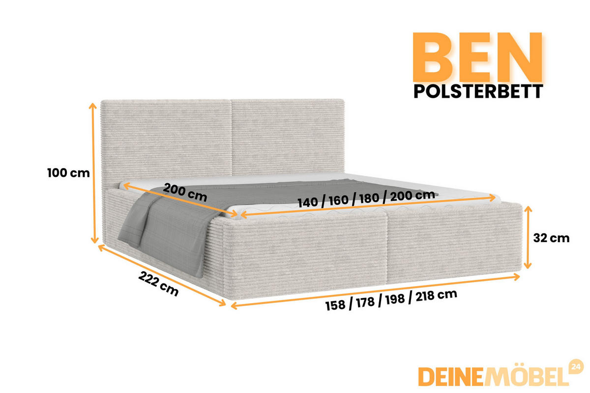 POLSTERBETT BEN 160/200 in Cord Ecru - Ecru, Holz/Holzwerkstoff (160/200cm) - Deine Möbel 24