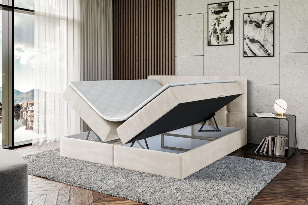 BOXBETT mit Matratze H3 und Lattenrost - MARCE - 160 x 200 cm - Beige - Creme, Holzwerkstoff (160/200cm) - ALTDECOR