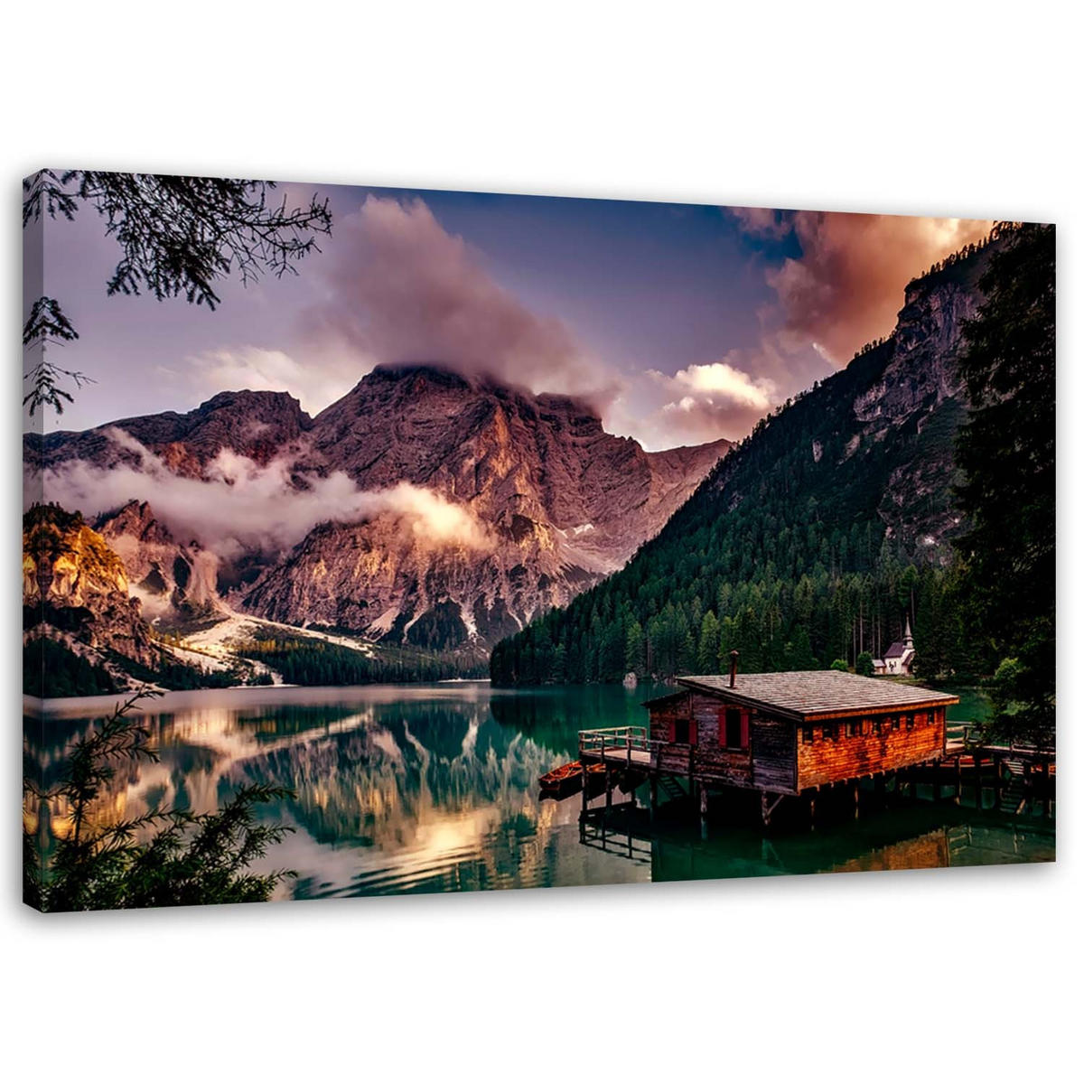 BILD AUF LEINWAND Hütte an einem Bergsee - Lila, Textil (120/80cm) - Feeby