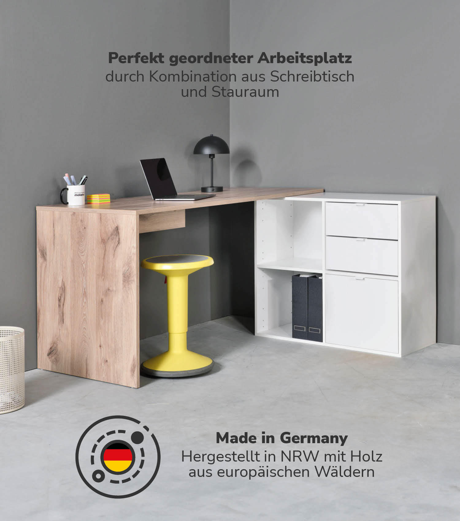 ECKSCHREIBTISCH Der Produktive - Eichefarben/Weiß, Holzwerkstoff (65/145/77cm) - Mokebo