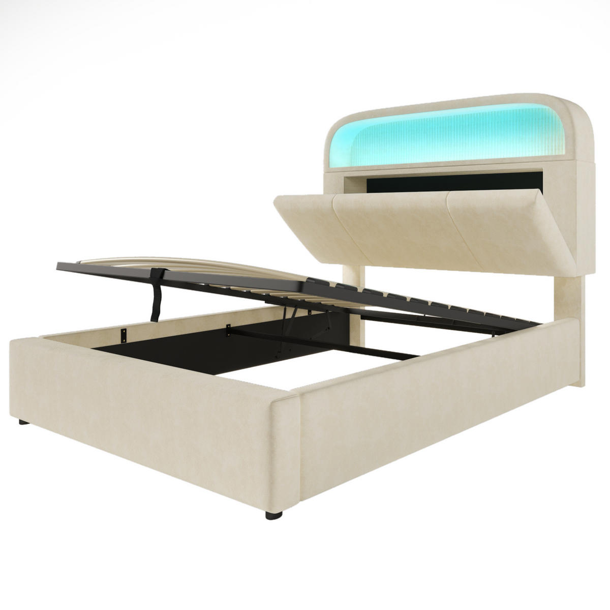 SAMT-POLSTERBETT 90/200 cm mit Bettkasten, LED-Beleuchtung und gepolstertem Kopfteil - Beige, Textil (90/200cm) - BEAOK