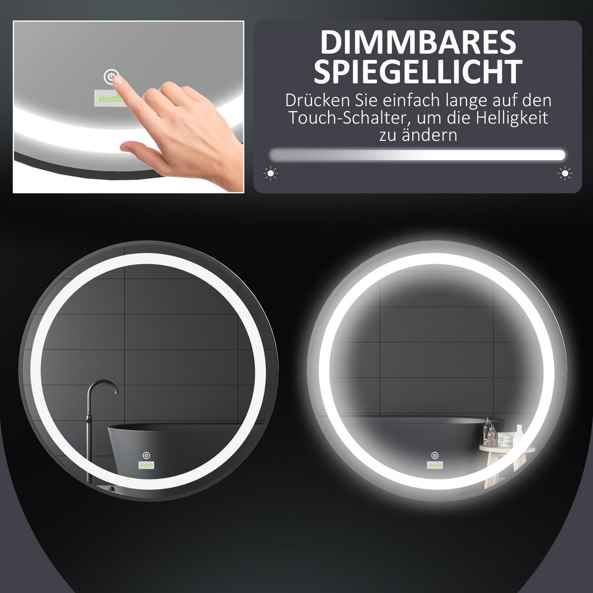 BADEZIMMERSPIEGEL, Ø60cm, mit 3 Lichtfarben, Memory-Funktion, IP44, Schwarz - Schwarz, Glas (60/4/60cm) - Kleankin
