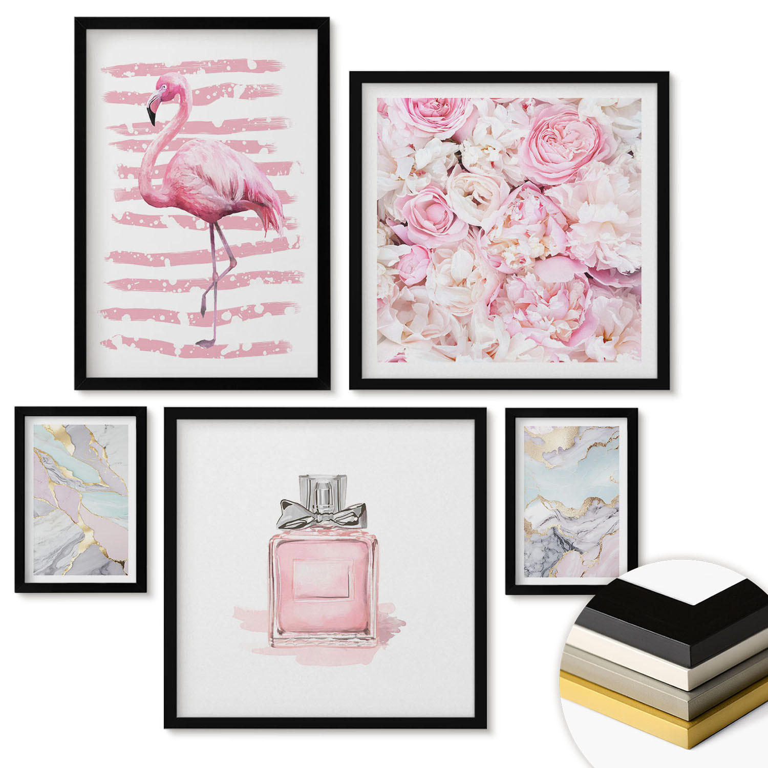 WANDBILDER 5er-Set - 50x50 cm & 20x30 cm & 40x60 cm Schwarzer Rahmen - Rosa Blumen Marmor Pastell - Schwarz, Kunststoff (40/60cm) - ArtPrintCave