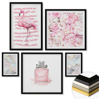 WANDBILDER 5er-Set - 50x50 cm & 20x30 cm & 40x60 cm Schwarzer Rahmen - Rosa Blumen Marmor Pastell - Schwarz, Kunststoff (40/60cm) - ArtPrintCave