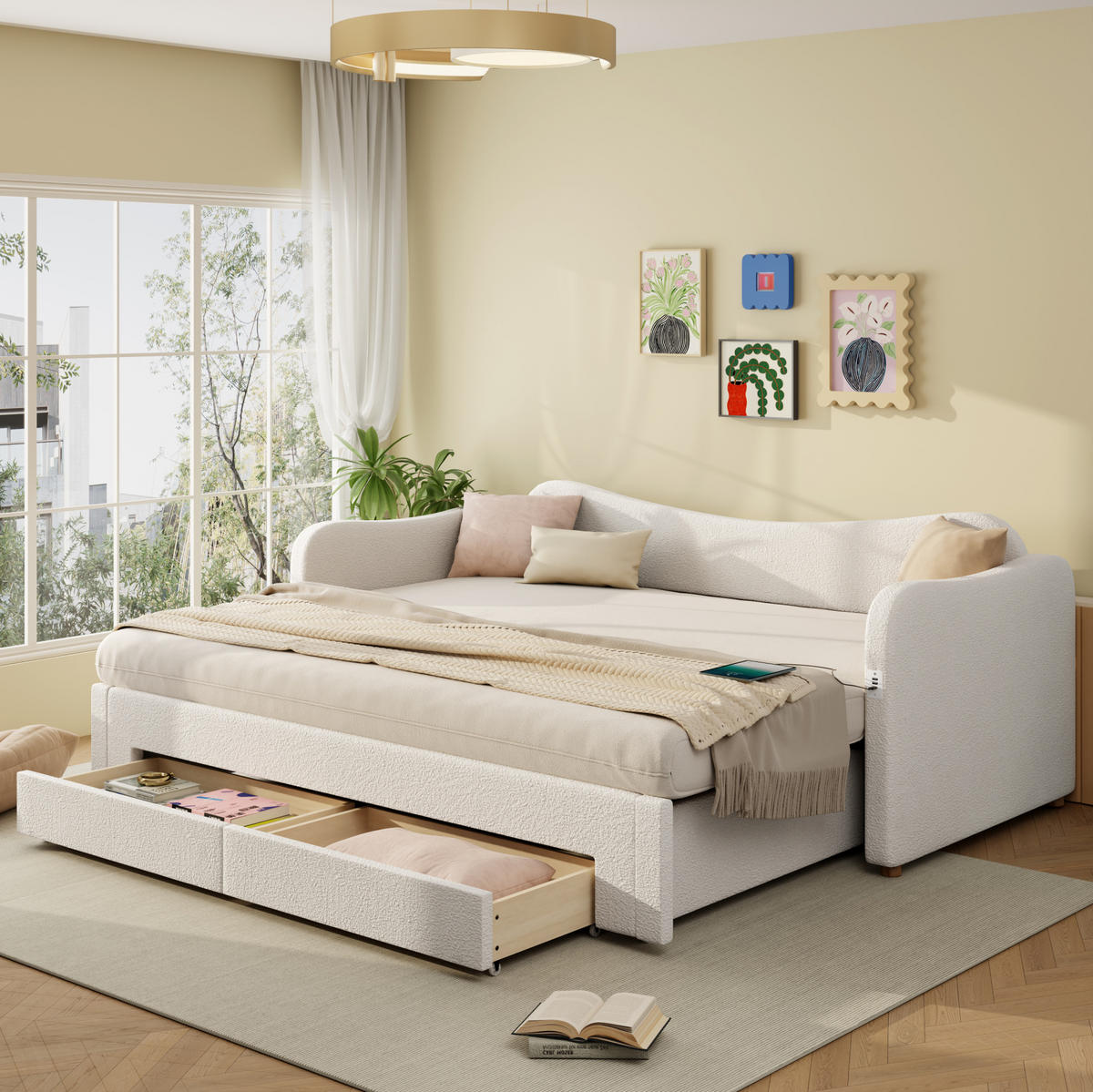 POLSTERBETT 90/200 cm Beige aus Bouclé mit Ausziehfunktion und Stauraum - Beige, Textil - OKMYHOME