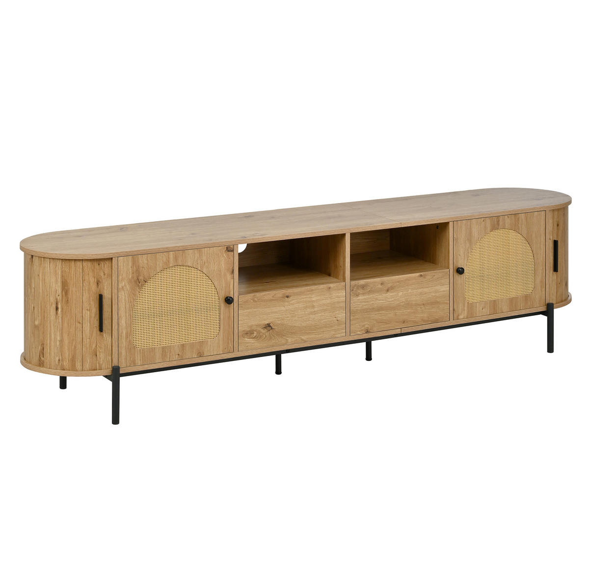 TV-SCHRANK oval 200 x 40 cm MDF in Holzoptik mit Rattan und Schiebetüren - Hellbraun, Holzwerkstoff (40/49.5/200cm) - Beauniv