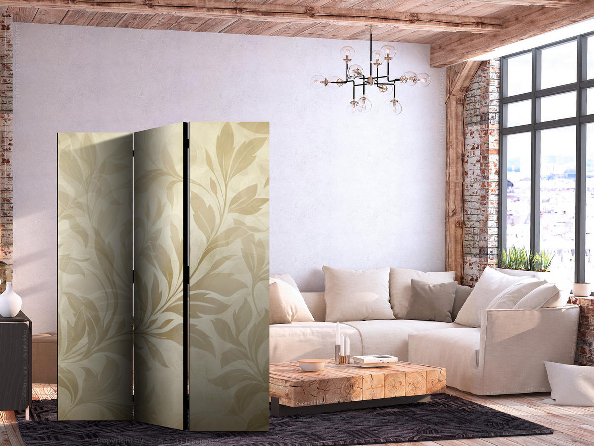 PARAVENT Einseitig Bedruckter 3-tlg 135x172 cm Beige Bl tter Boho - Beige, Holz/Textil (135/172/3cm) - Muralo
