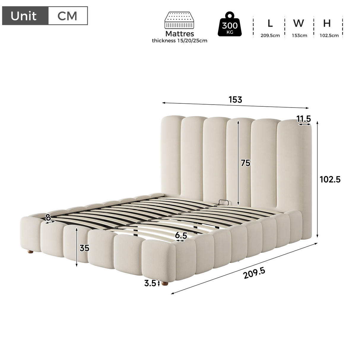 POLSTERBETT aus Samt 140x190 cm Beige mit Lattenrost, hydraulischem Bettkasten und Kopfteil - Beige, Textil (140/190cm) - Modfu