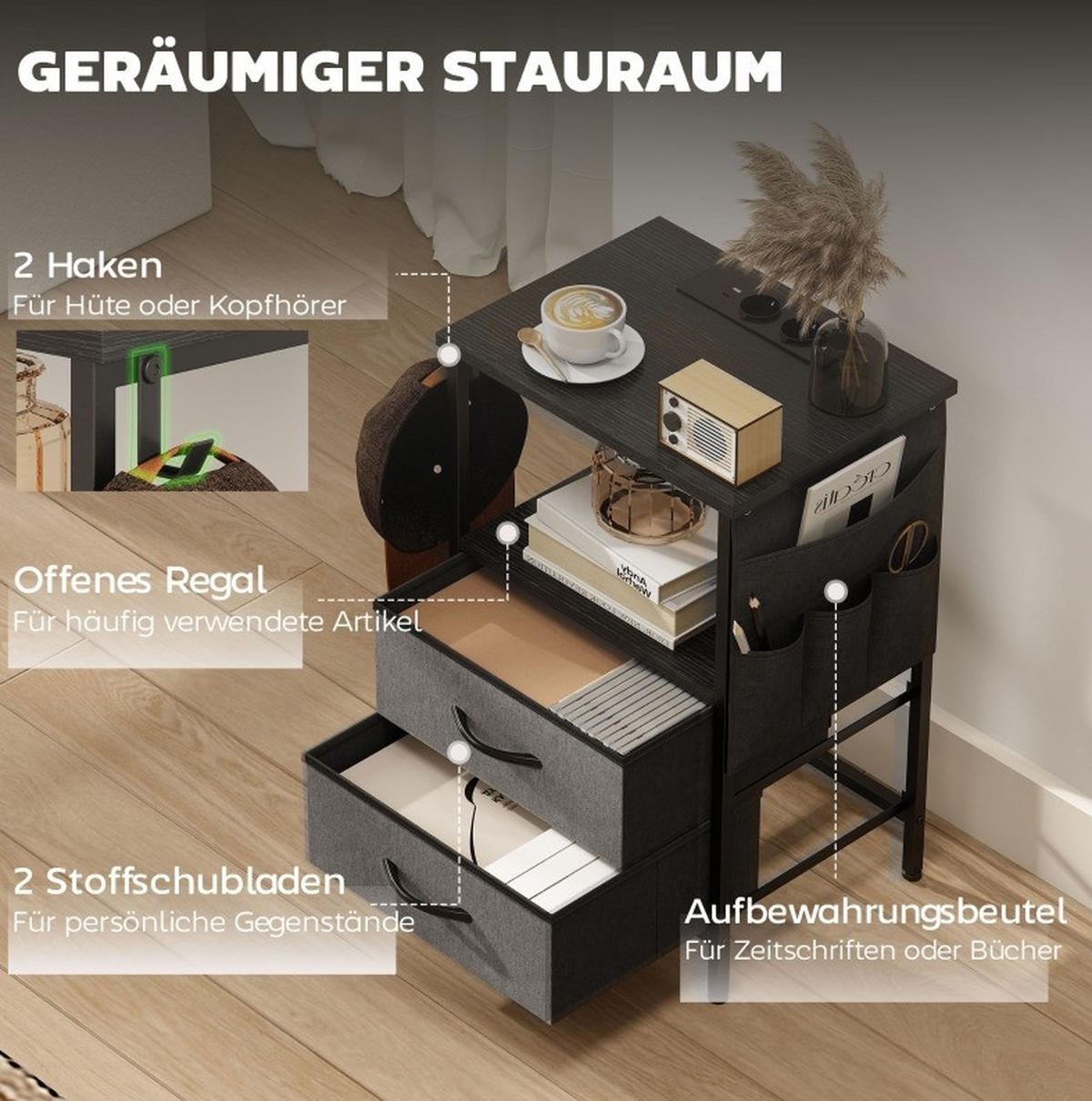 BEISTELLTISCH aus Holz und Stahl 40x30x60 cm Schwarz mit Steckdosen, USB-Anschlüssen und Schubladen - Schwarz, Holz (40/30/60cm) - IVMEU