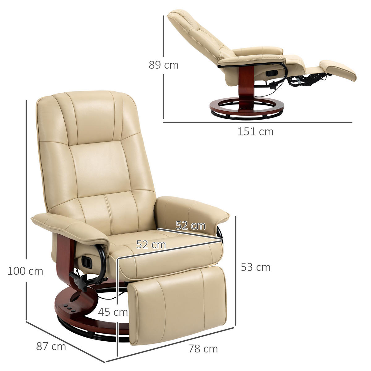 RELAXSESSEL Fernsehsessel mit Liegefunktion, Fußstütze für Wohnzimmer Creme - Creme/Braun, Leder/Holz (87/100/78cm) - HOMCOM