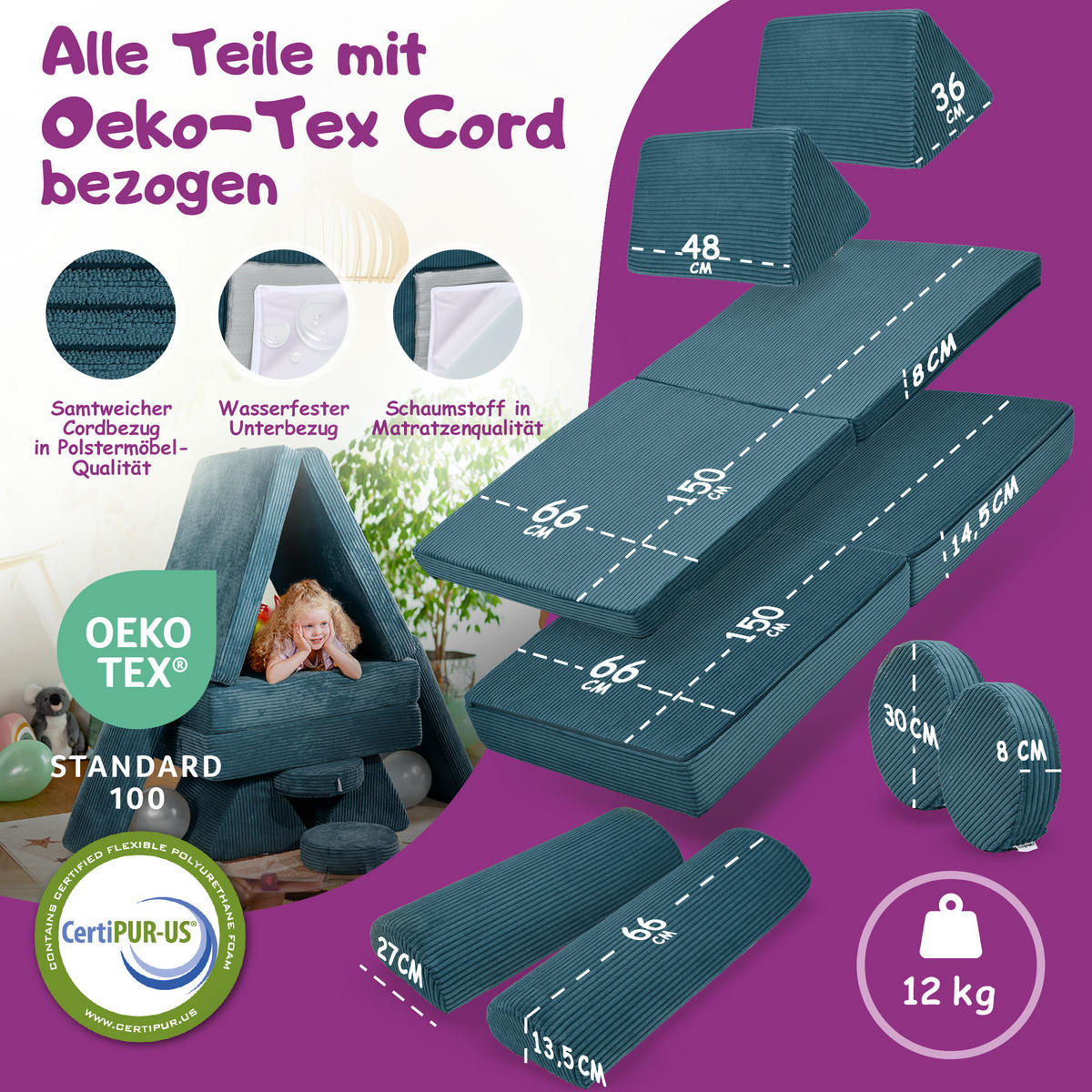 SPIELSOFA Kinder Fantasiewelt 8tlg - Dunkelgrün, Textil (150/55/66cm) - Linodino