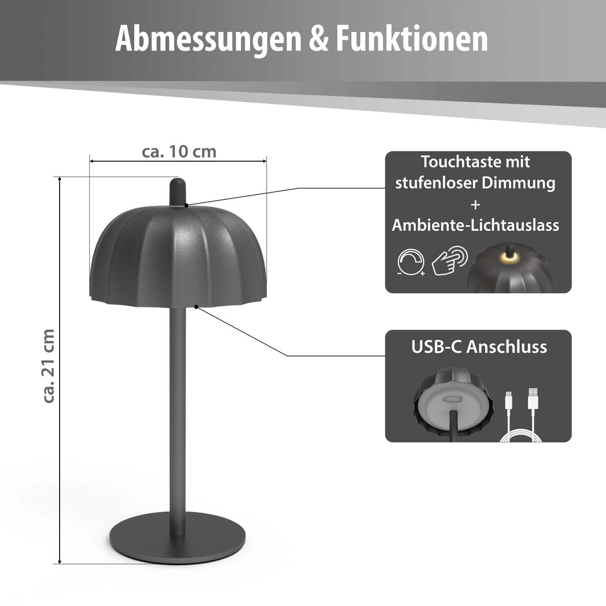 LED-TISCHLEUCHTE Umbrella schwarz 21cm Metall 2er-Set - Schwarz, Metall (10/10/21cm) - Northpoint