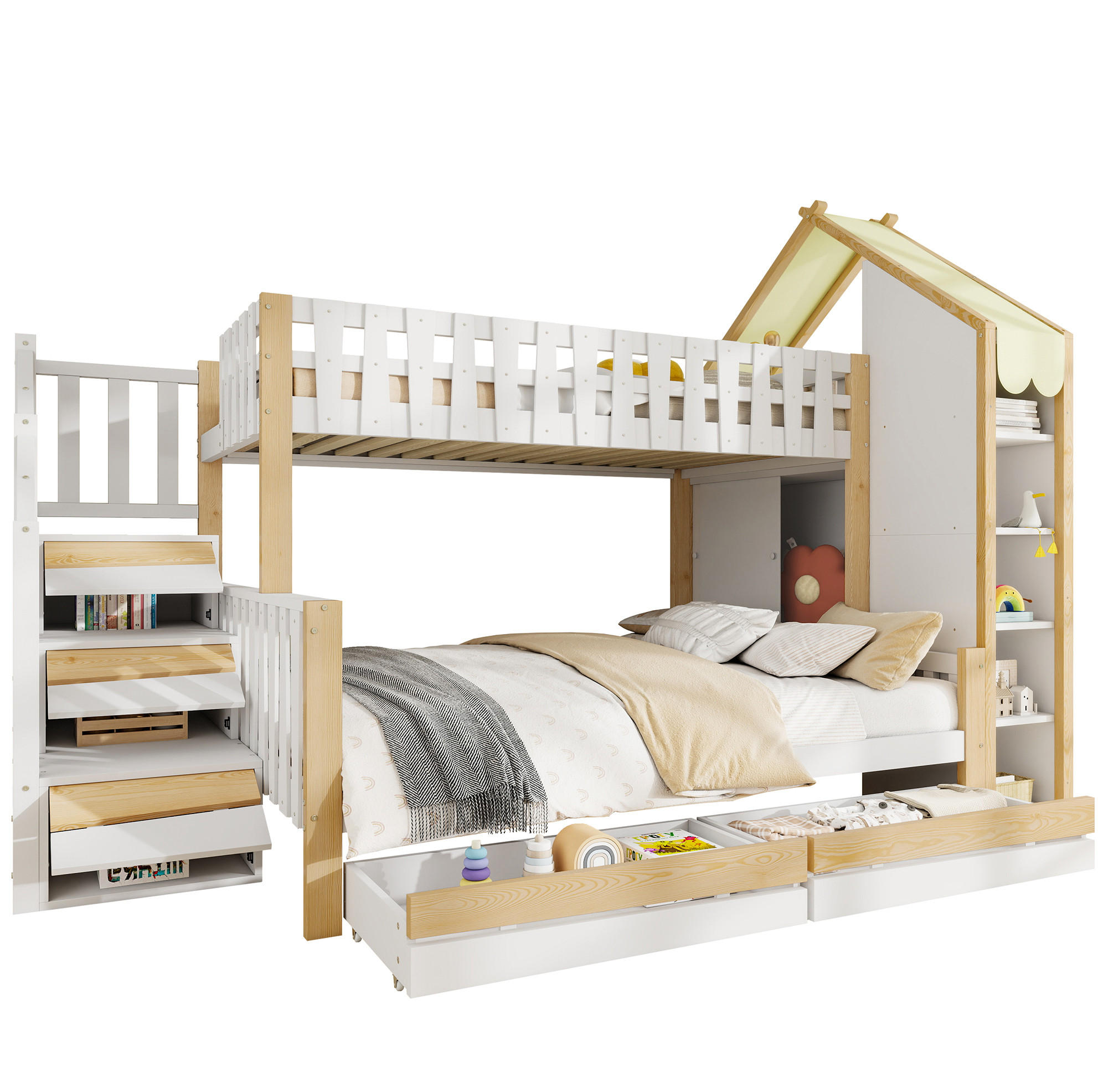 ETAGENBETT 90/200 cm mit Stauraumleiter und Bettgitter in Weiß und Natur - Weiß, Holz (90/200cm) - OKWISH