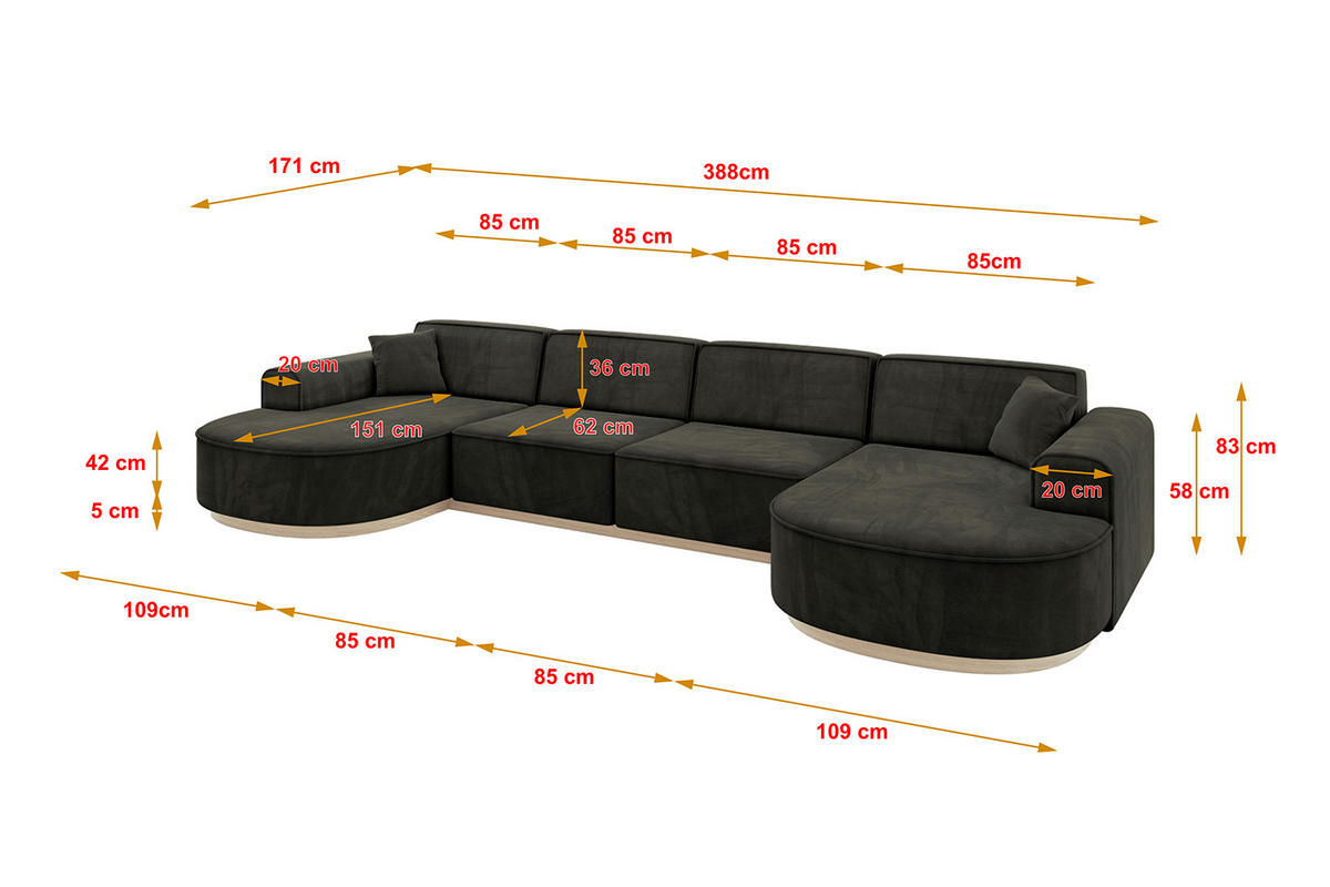 WOHNLANDSCHAFT MARI-U2-v1 - 388x171x83 cm Schwarz Velours - Schwarz, Holzwerkstoff/Textil (388/83/171cm) - ALTDECOR