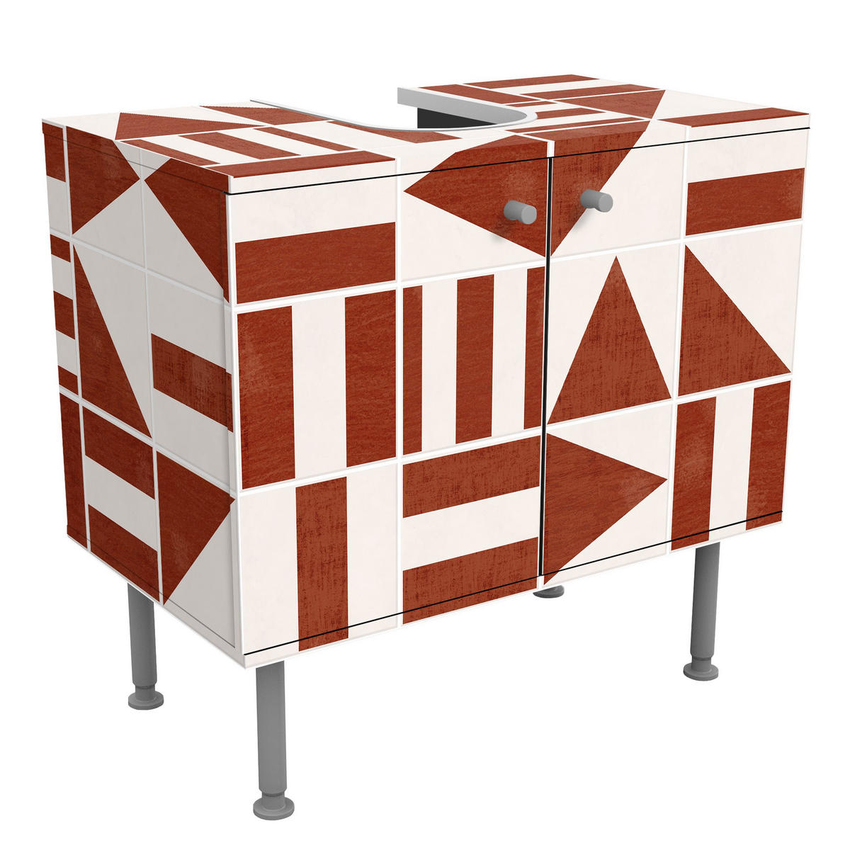 WASCHBECKENUNTERSCHRANK Fliesen mit geometrischen Formen Terracotta Shabby 60/55/35 cm - Rot, Holzwerkstoff (60/55/35cm) - Bilderwelten