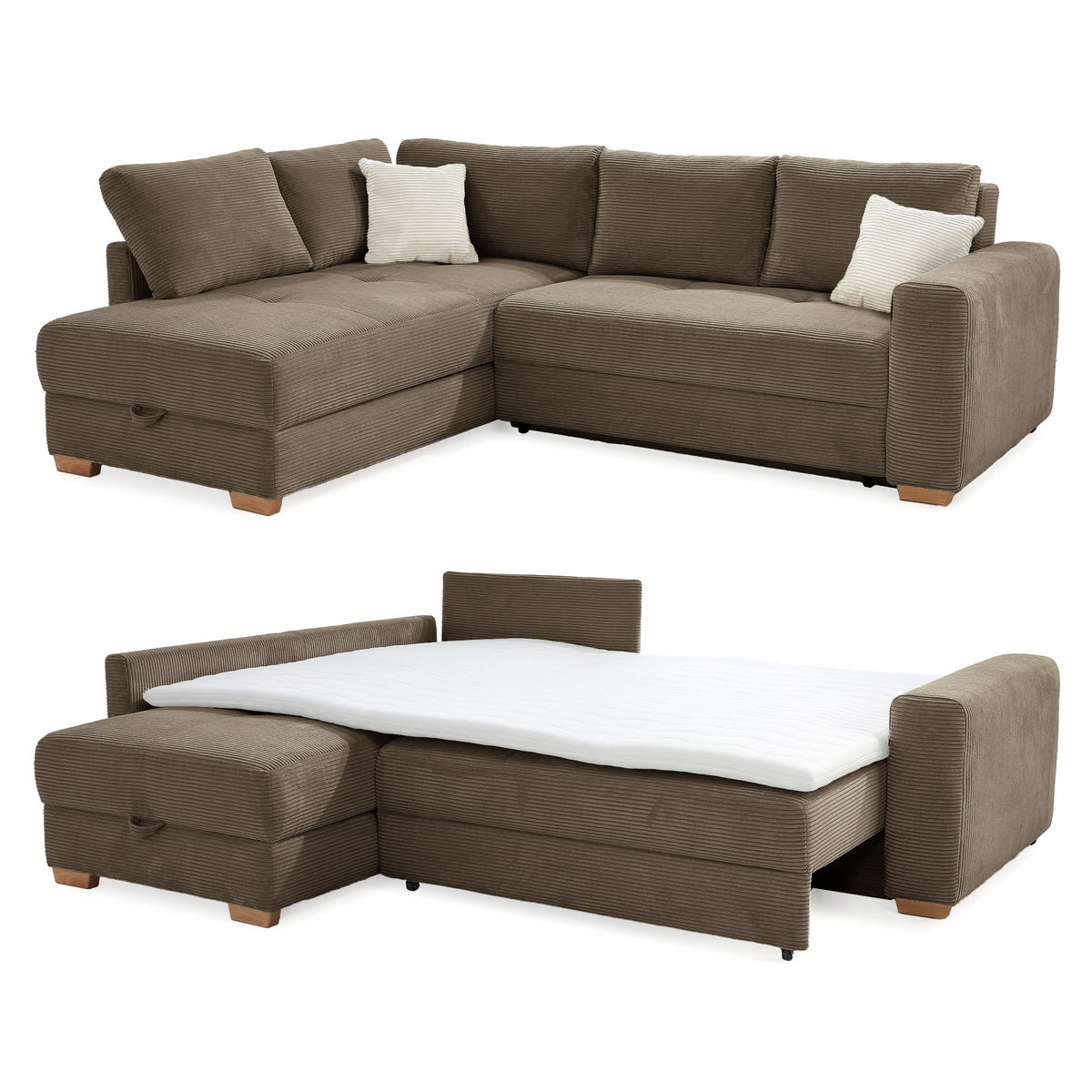 ROHOVÁ POHOVKA – PRO DLOUHODOBÉ SPÁNÍ: Boxspring, pružinová matrace, topper, úložný prostor, 257 × 206 × 85 cm (Š×H×V), hnědá kord / 15213 - hnědá, kompozitní dřevo (257/206cm) - luma-home